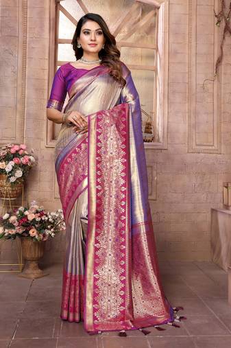 Violet Sundari tissue silk bland banarasi style border saree with Blouse