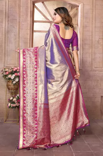Violet Sundari tissue silk bland banarasi style border saree with Blouse