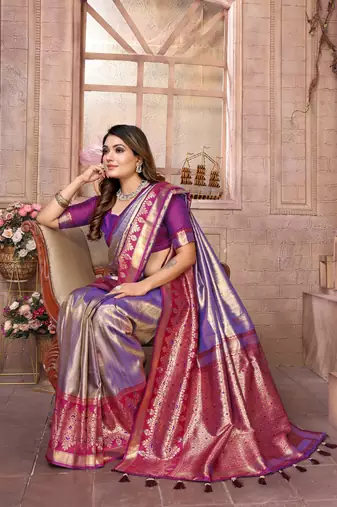 Violet Sundari tissue silk bland banarasi style border saree with Blouse
