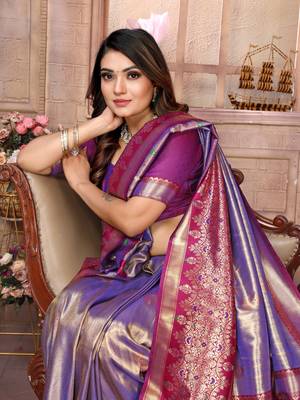 Violet Sundari tissue silk bland banarasi style border saree with Blouse 5