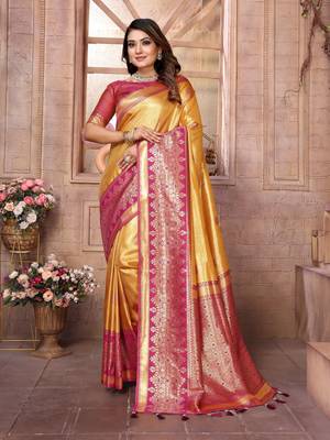 Yellow Sundari tissue silk bland banarasi style border saree with Blouse 1
