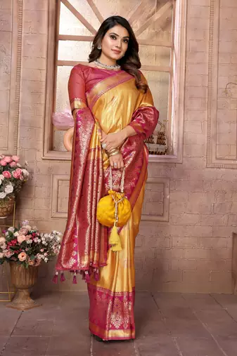 Yellow Sundari tissue silk bland banarasi style border saree with Blouse