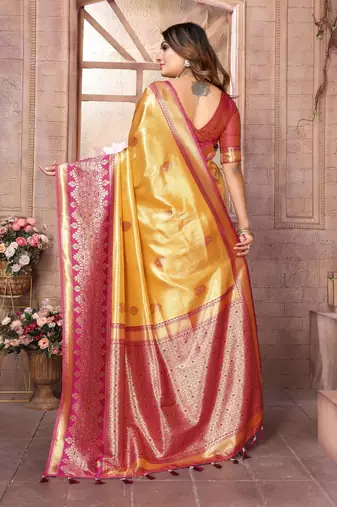 Yellow Sundari tissue silk bland banarasi style border saree with Blouse