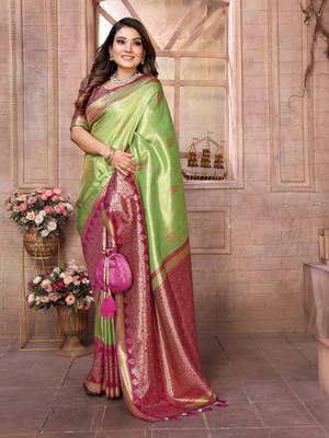 Parrot Sundari tissue silk bland banarasi style border saree with Blouse 3