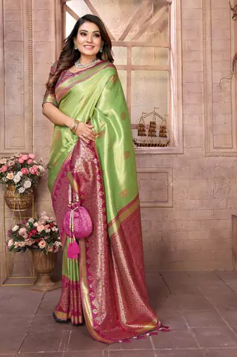Parrot Sundari tissue silk bland banarasi style border saree with Blouse