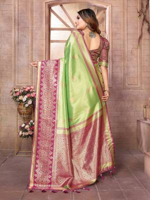 Parrot Sundari tissue silk bland banarasi style border saree with Blouse 4