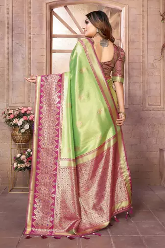 Parrot Sundari tissue silk bland banarasi style border saree with Blouse