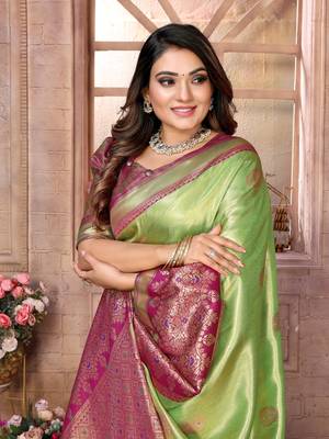 Parrot Sundari tissue silk bland banarasi style border saree with Blouse 5