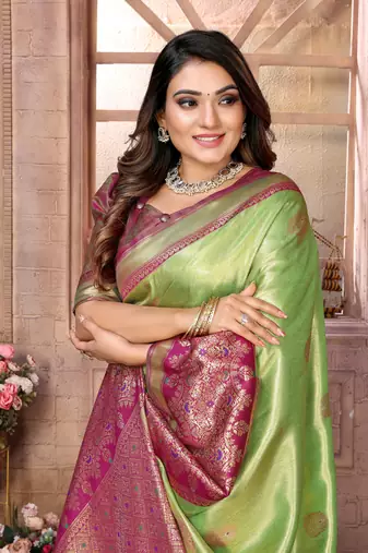 Parrot Sundari tissue silk bland banarasi style border saree with Blouse