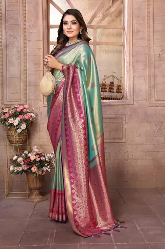 Teal Sundari tissue silk bland banarasi style border saree with Blouse