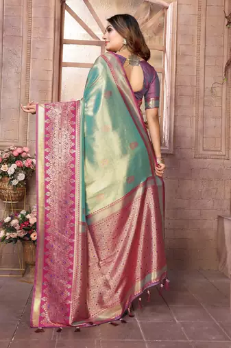 Teal Sundari tissue silk bland banarasi style border saree with Blouse