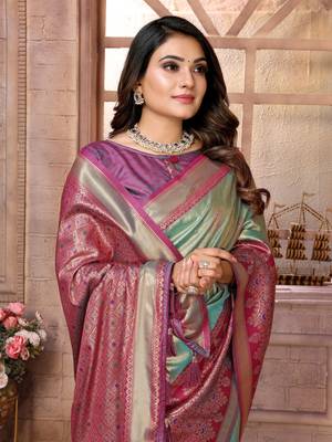Teal Sundari tissue silk bland banarasi style border saree with Blouse 5