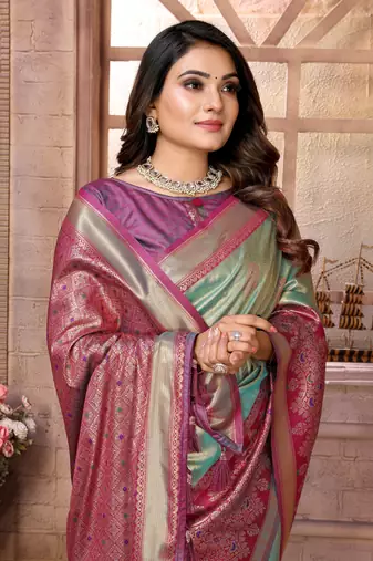 Teal Sundari tissue silk bland banarasi style border saree with Blouse