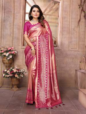 Pink Sundari tissue silk bland banarasi style border saree with Blouse 1