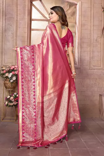 Pink Sundari tissue silk bland banarasi style border saree with Blouse
