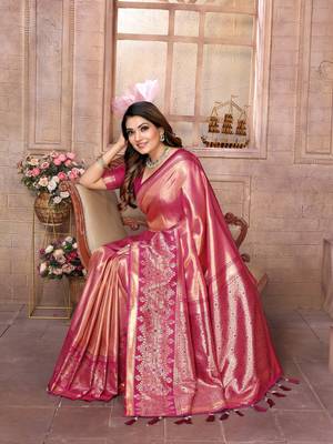 Pink Sundari tissue silk bland banarasi style border saree with Blouse 4