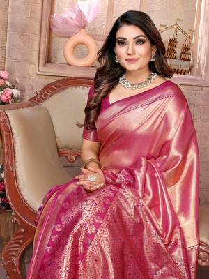 Pink Sundari tissue silk bland banarasi style border saree with Blouse 5