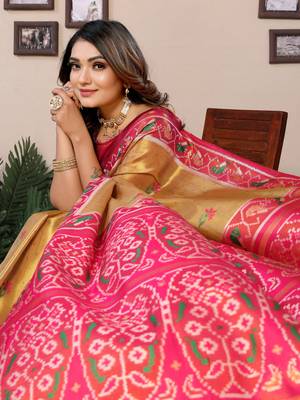 Yellow Surekha tissue silk bland patola border and pallu saree with Blouse 5