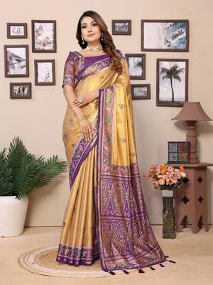 Yellow Surekha tissue silk bland patola border and pallu saree with Blouse 1