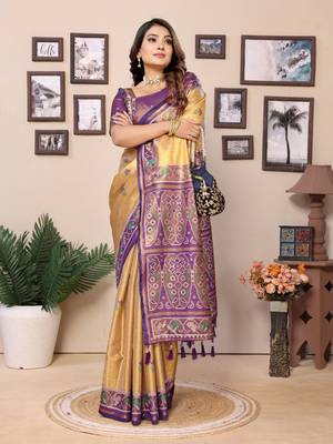 Yellow Surekha tissue silk bland patola border and pallu saree with Blouse 3