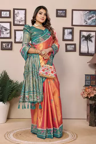 Orange Surekha tissue silk bland patola border and pallu saree with Blouse