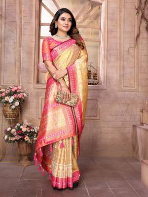 Yellow Banarasi style tissue silk bland classic designer saree with Blouse 3