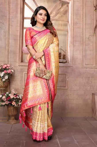 Yellow Banarasi style tissue silk bland classic designer saree with Blouse