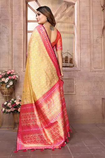 Yellow Banarasi style tissue silk bland classic designer saree with Blouse