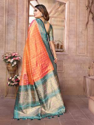 Orange Banarasi style tissue silk bland classic designer saree with Blouse 4