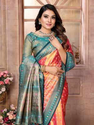 Orange Banarasi style tissue silk bland classic designer saree with Blouse 5