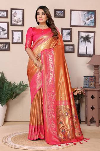 Orange Banarasi style classic tissue silk Bland contust border saree with Blouse