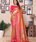 Orange Banarasi style classic tissue silk Bland contust border saree with Blouse