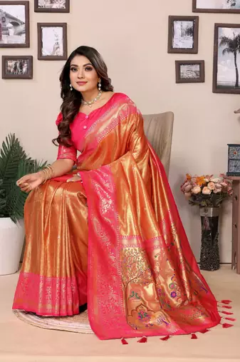Orange Banarasi style classic tissue silk Bland contust border saree with Blouse