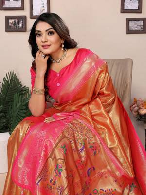 Orange Banarasi style classic tissue silk Bland contust border saree with Blouse 5