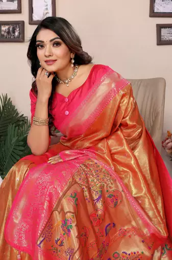 Orange Banarasi style classic tissue silk Bland contust border saree with Blouse