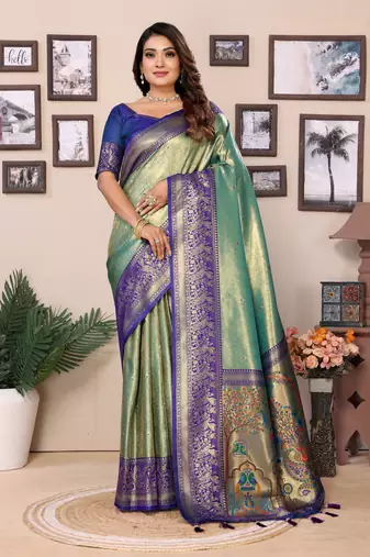 Teal Banarasi style classic tissue silk Bland contust border saree with Blouse