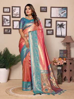 Baby Pink Banarasi style classic tissue silk Bland contust border saree with Blouse 1