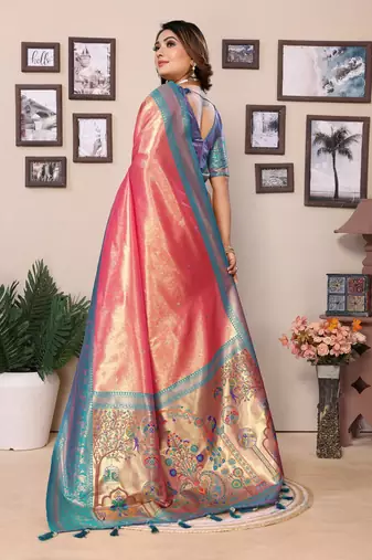 Baby Pink Banarasi style classic tissue silk Bland contust border saree with Blouse