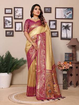 Cream Banarasi style classic tissue silk Bland contust border saree with Blouse 1