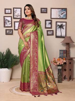 Parrot Green Banarasi style classic tissue silk Bland contust border saree with Blouse 1