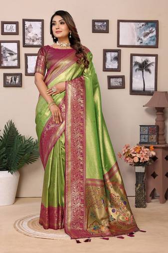 Parrot Green Banarasi style classic tissue silk Bland contust border saree with Blouse