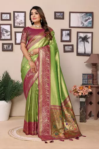 Parrot Green Banarasi style classic tissue silk Bland contust border saree with Blouse