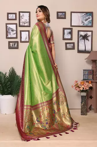 Parrot Green Banarasi style classic tissue silk Bland contust border saree with Blouse