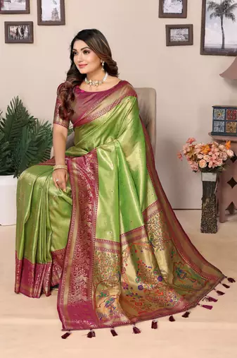 Parrot Green Banarasi style classic tissue silk Bland contust border saree with Blouse