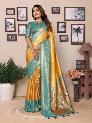 Yellow Banarasi style classic tissue silk Bland contust border saree with Blouse 1