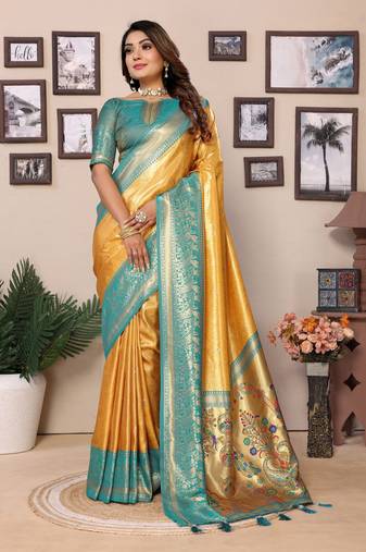 Yellow Banarasi style classic tissue silk Bland contust border saree with Blouse