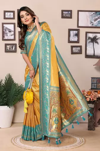 Yellow Banarasi style classic tissue silk Bland contust border saree with Blouse