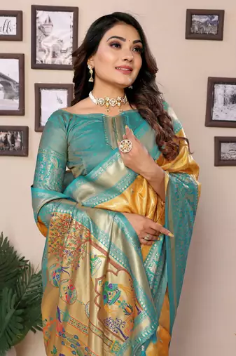 Yellow Banarasi style classic tissue silk Bland contust border saree with Blouse