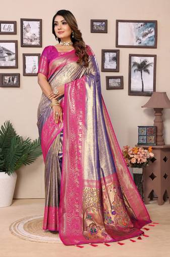 Violet Banarasi style classic tissue silk Bland contust border saree with Blouse