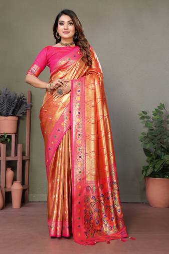 Orange Vasantani Banarasi style tissue silk bland contrust border saree with Blouse